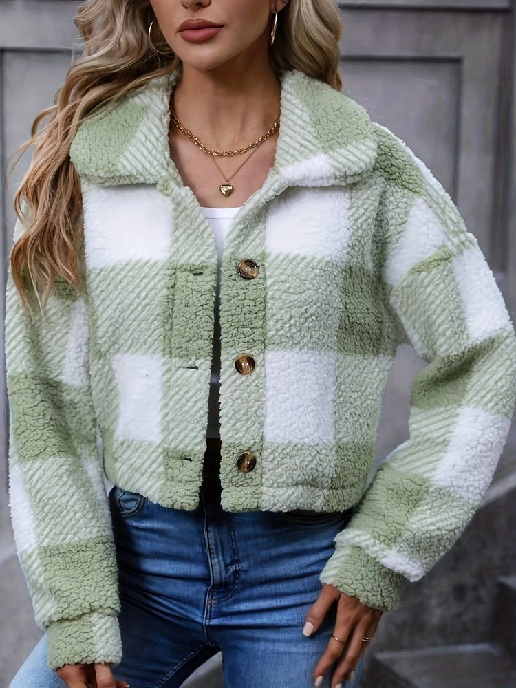 Plaid Teddy Coat, Casual Button Front Long Sleeve Winter Warm Outerwear, Women&