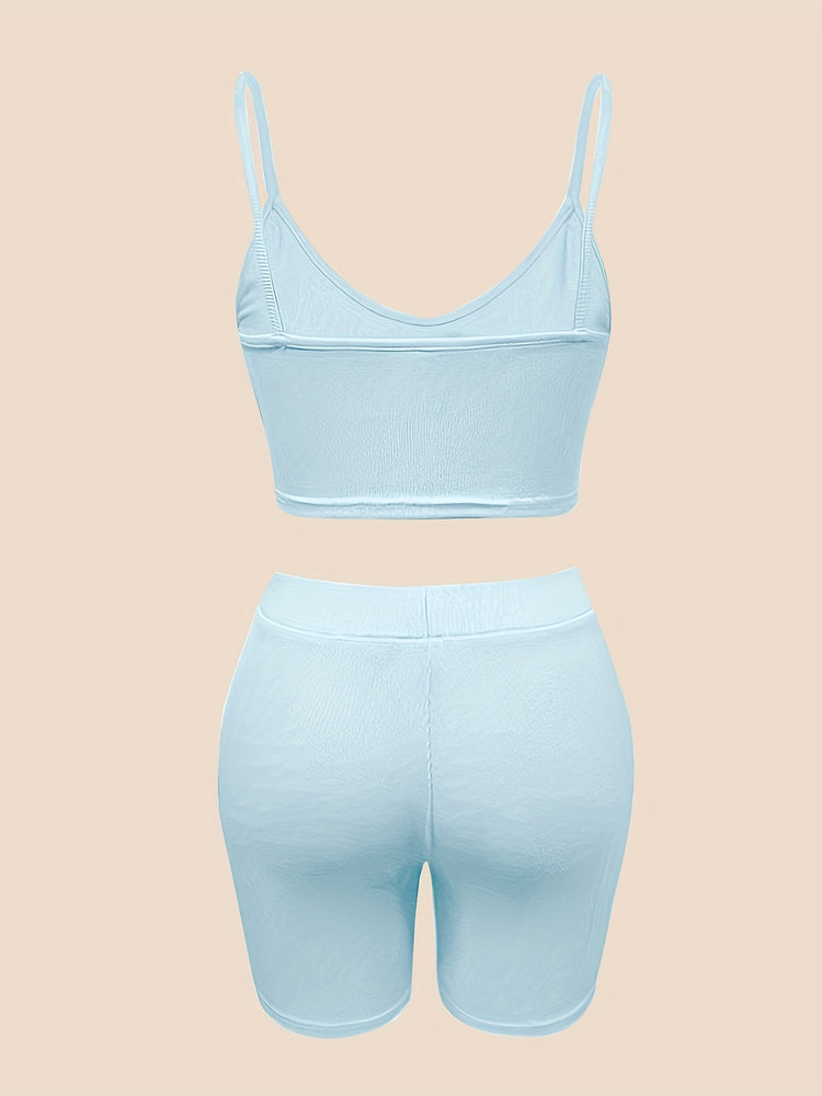 Sexy Slim Fit Solid Color Shorts Set, Plunging Crop Cami Top & High Waist Biker Shorts, Women&