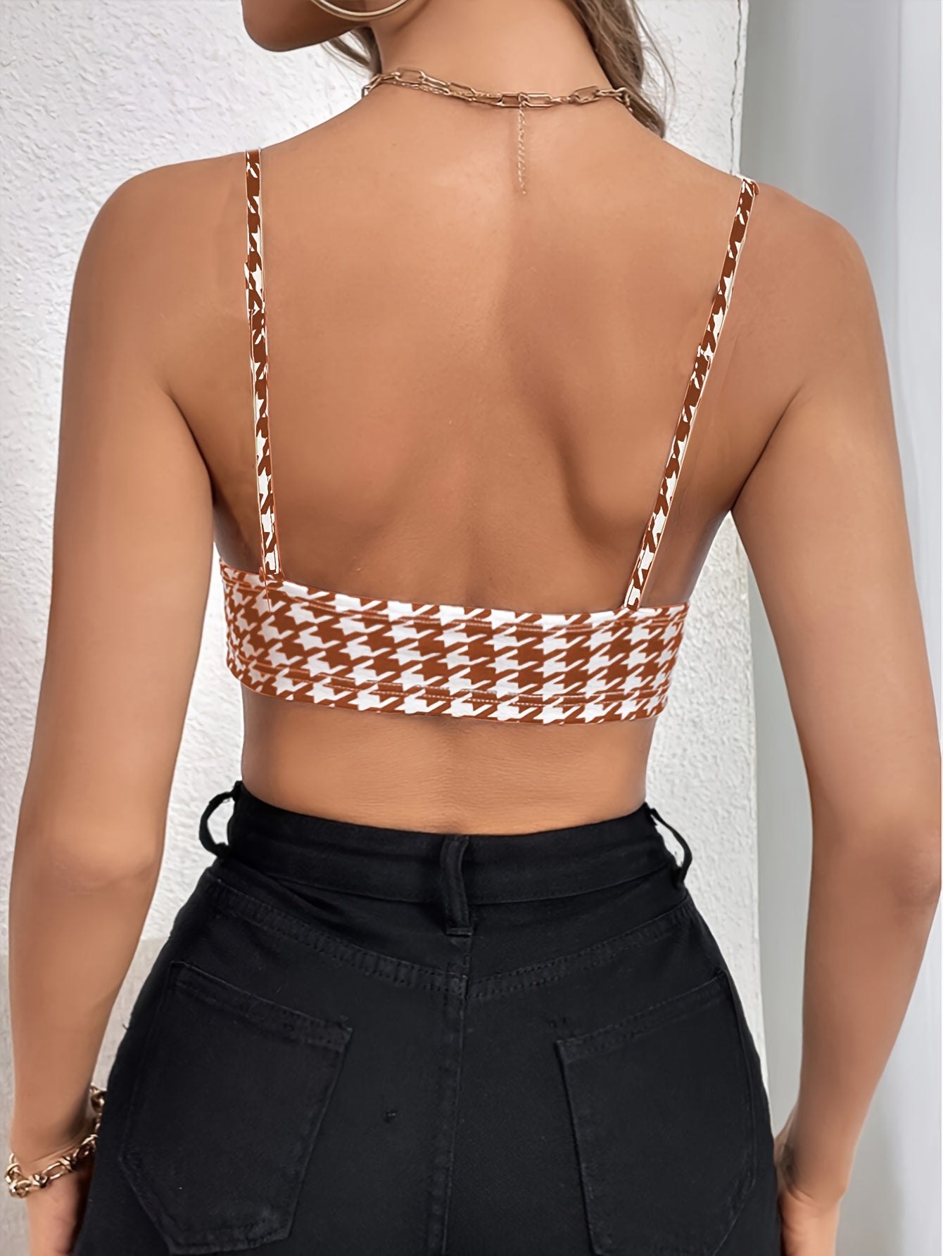 Houndstooth Print V Neck Cami Top, Sexy Backless Slim Sleeveless Spaghetti Strap Crop Top, Women's Clothing