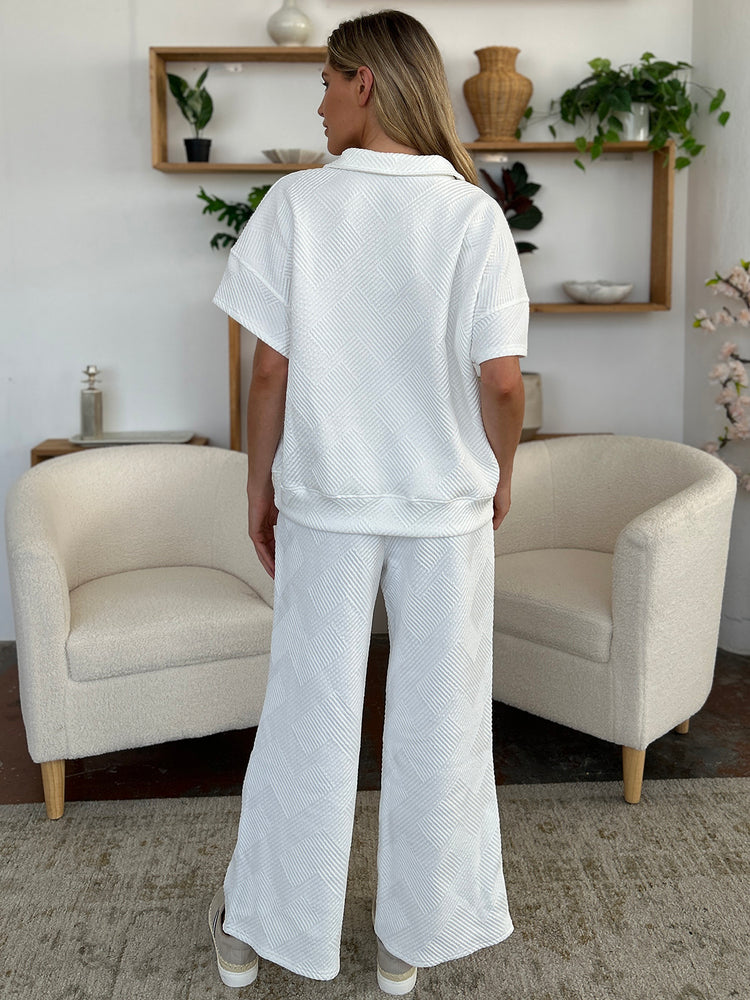 Double Take Full Size Texture Half Zip Short Sleeve Top and Pants Set - MyEmpired