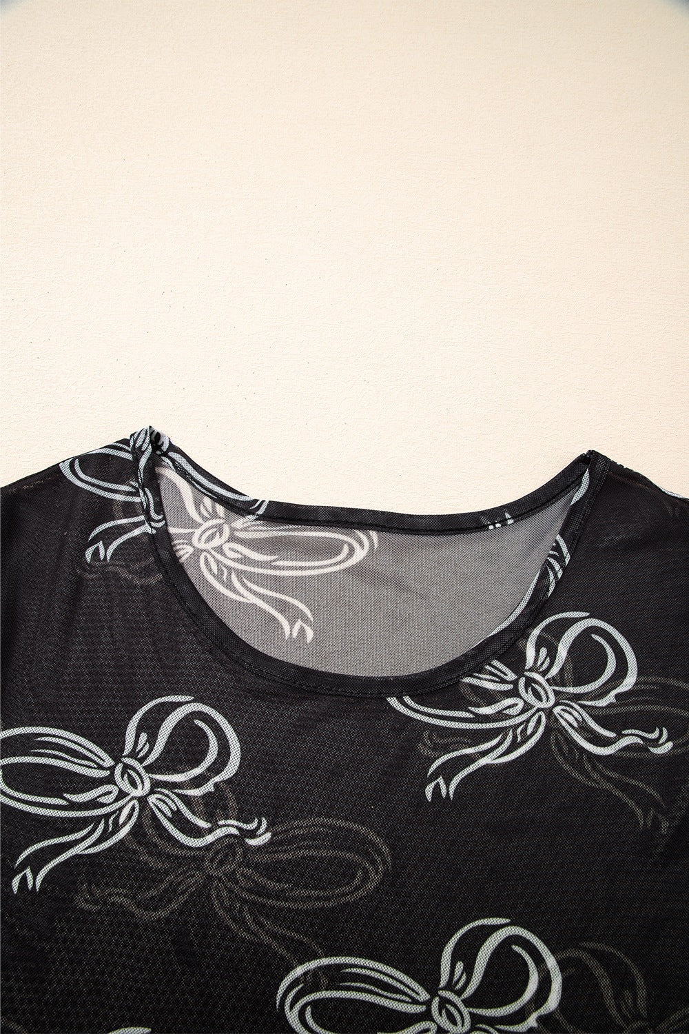 Bow Mesh Round Neck Short Sleeve T-Shirt - MyEmpired