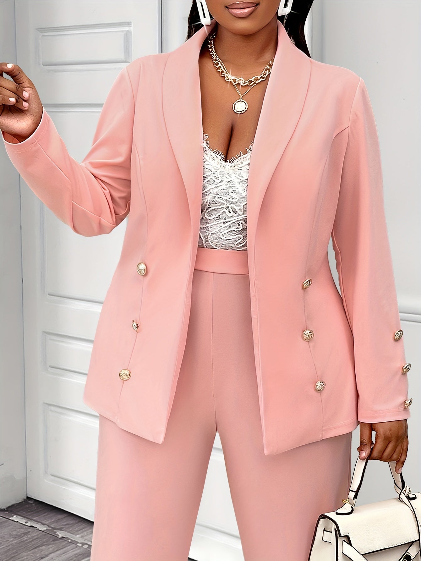 Plus Size Women's Suit Set, Elegant Solid Color Blazer and Trousers, Polyester Knit Fabric, Long Sleeve, Button Detail, Stretchy, Autumn/Winter Collection