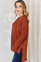 Basic Bae Full Size Ribbed Half Button Long Sleeve High-Low T-Shirt - MyEmpired