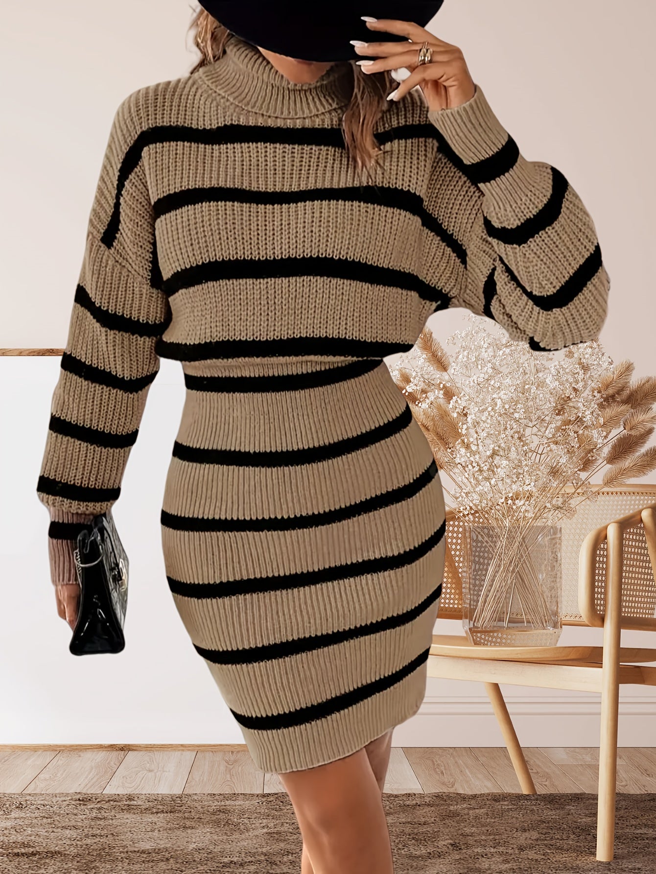 Striped Pattern Turtleneck Sweater Dress, Elegant Drop Shoulder Knitted Dress For Spring & Fall, Women's Clothing