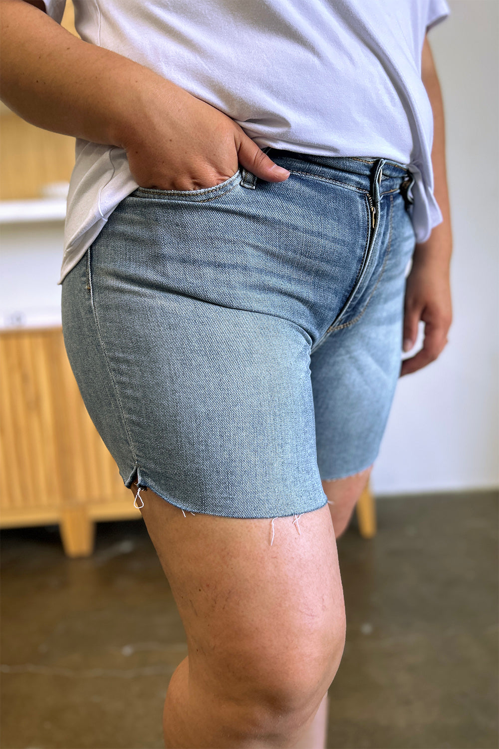 Judy Blue Full Size High Waist Raw Hem Denim Shorts - MyEmpired