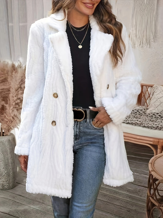 Double-breasted Lapel Teddy Coat, Elegant Solid Color Long Sleeve Textured Fluffy Coat For Winter, Women's Clothing