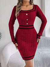 Elegant Striped Knit Bodycon Dress with Button Detail - Square Neck, Long Sleeve, Perfect for Fall & Winter - Women&