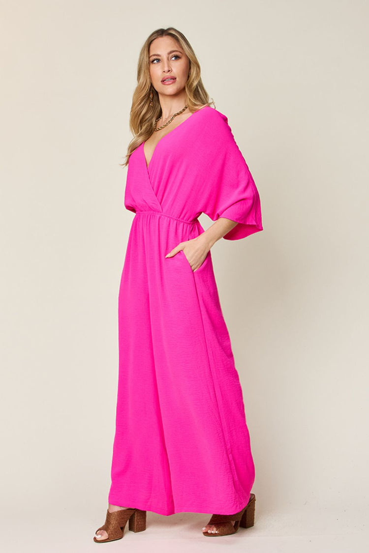 Double Take Full Size Surplice Wide Leg Jumpsuit with Pockets - MyEmpired