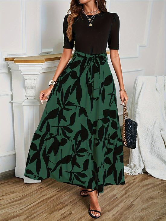 Plant Print Belted Splicing Dress, Elegant Crew Neck Short Sleeve Dress For Spring & Summer, Women&
