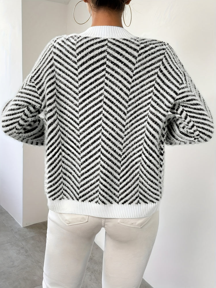 Elegant Geometric Pattern V-Neck Cardigan - Button Front, Long Sleeve Knit Sweater for Women, Perfect for Fall & Winter - MyEmpired