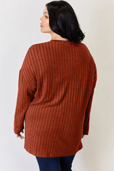 Basic Bae Full Size Ribbed Half Button Long Sleeve High-Low T-Shirt - MyEmpired