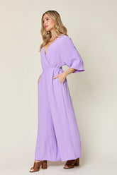 Double Take Full Size Surplice Wide Leg Jumpsuit with Pockets - MyEmpired