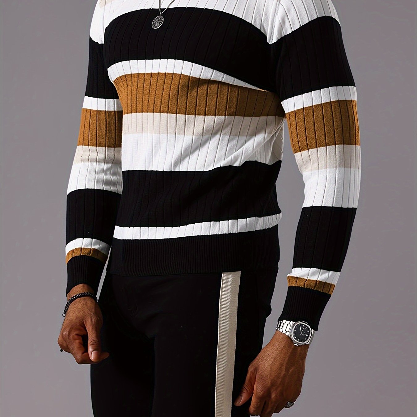 Men's Casual Striped Color Block Long Sleeve Knit Pullover - Round Neck, Machine Washable, Striped, Round Neck, Long Sleeve, Knit Sweater