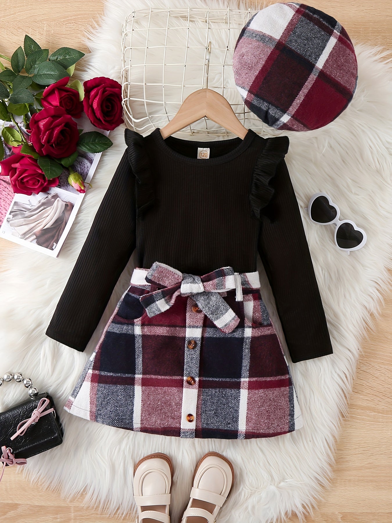 1 Set Girl's Ruffled Long-Sleeve Ribbed Top + Plaid Skirt - Spring & Fall Daily Comfy Outdoor Casual Outfit, As Gift