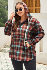 Plus Size Drawstring Plaid Quarter Button Hoodie - MyEmpired