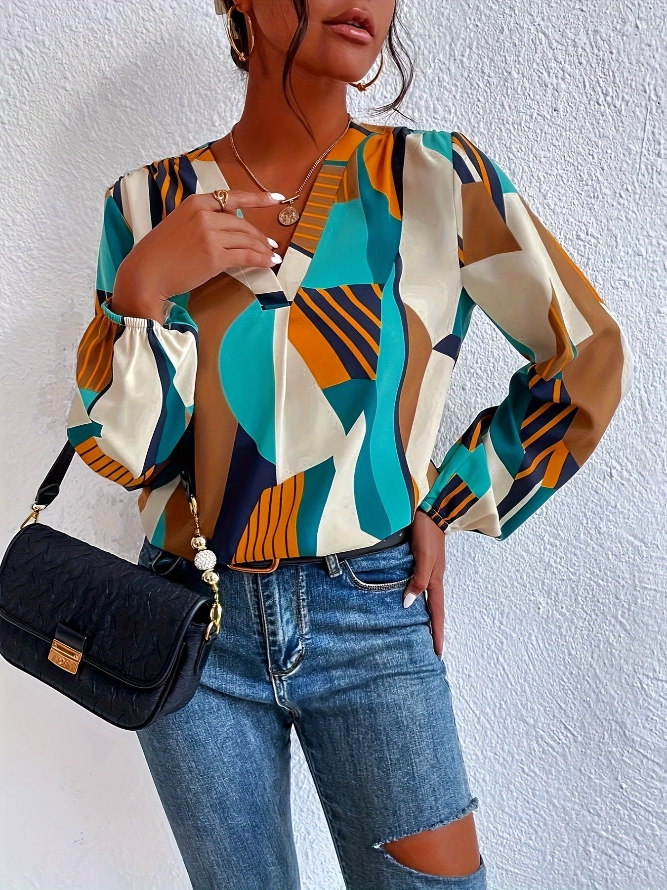 V-Neck Blouse with Lantern Sleeves - MyEmpired