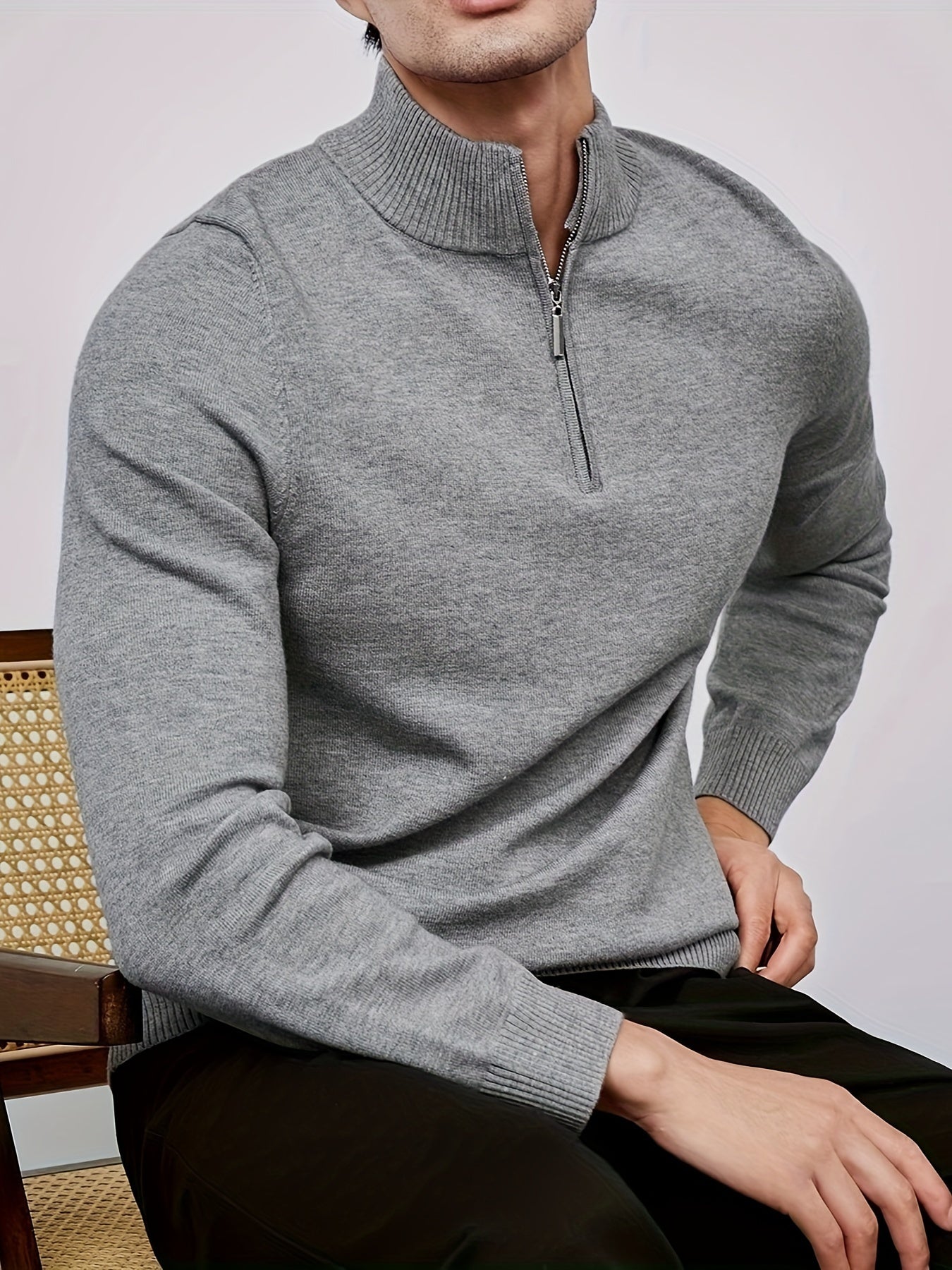 Men's Loose Solid Knitted Pullover, Casual Long Sleeve Half Zipper Sweater For Fall Winter