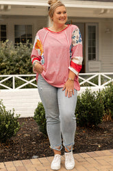 Plus Size Exposed Seam Printed Striped Round Neck Sweatshirt - MyEmpired