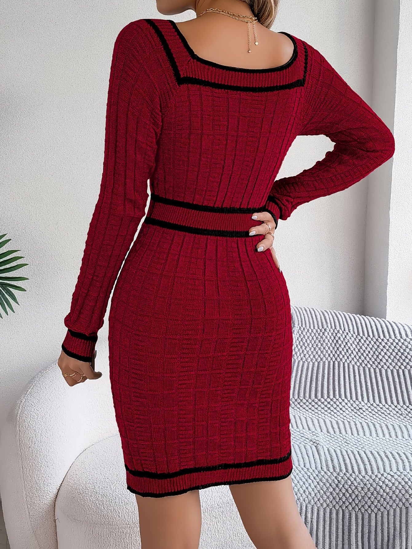 Elegant Striped Knit Bodycon Dress with Button Detail - Square Neck, Long Sleeve, Perfect for Fall & Winter - Women's Fashion