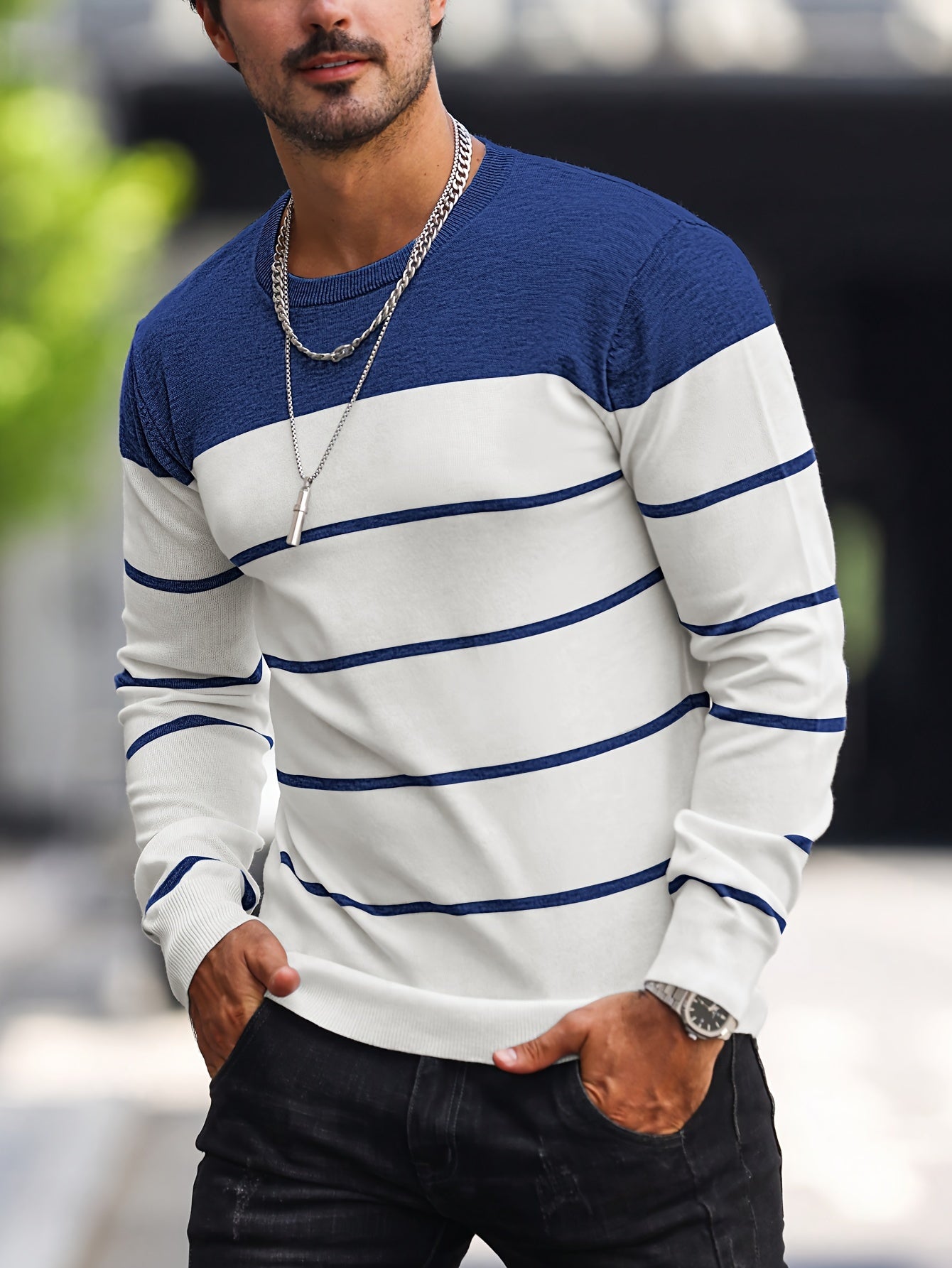 Men's Striped Knitted Pullover, Casual Long Sleeve Crew Neck Sweater For Fall Spring