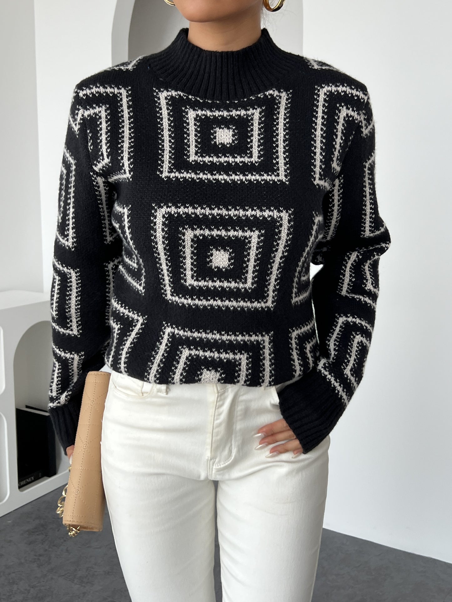 Geometric Pattern Mock Neck Sweater, Elegant Long Sleeve Sweater For Fall & Winter, Women's Clothing