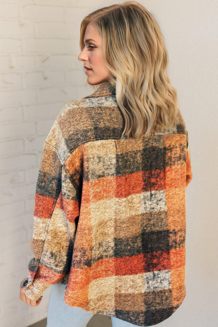 Double Take Button Up Plaid Fleece Shacket with Pockets - MyEmpired