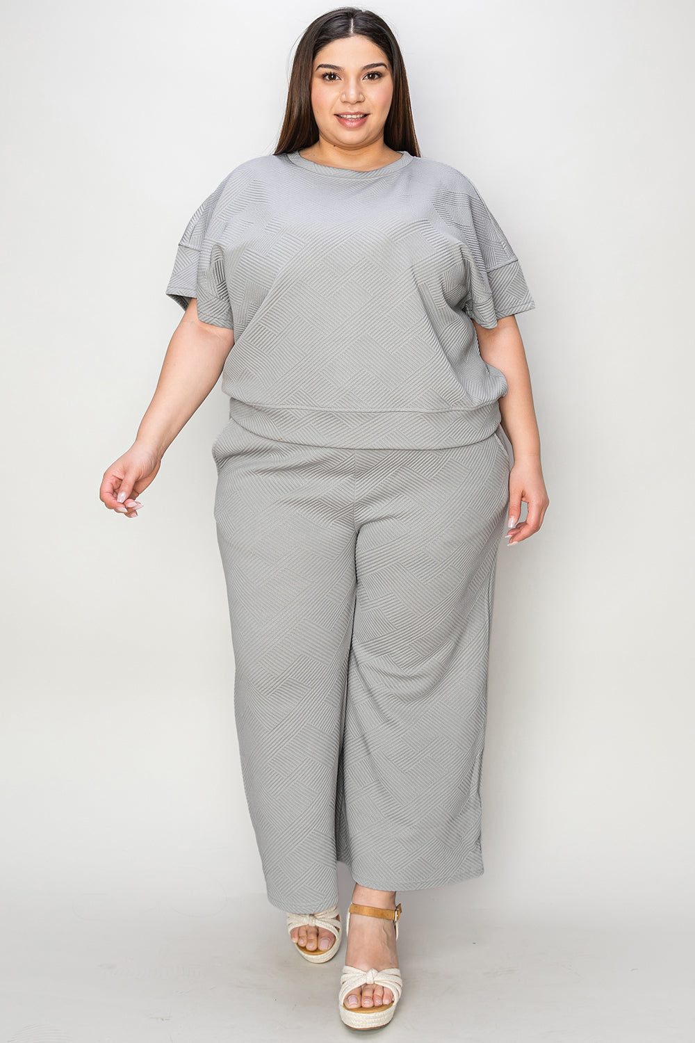 Double Take Full Size Texture Short Sleeve Top and Pants Set - MyEmpired