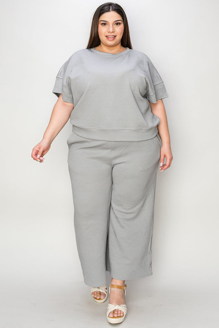Double Take Full Size Texture Short Sleeve Top and Pants Set - MyEmpired