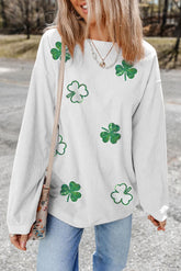 Sequin Lucky Clover Round Neck Long Sleeve Sweatshirt - MyEmpired