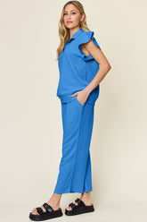Double Take Texture Ruffle Short Sleeve Top and Drawstring Wide Leg Pants Set - MyEmpired