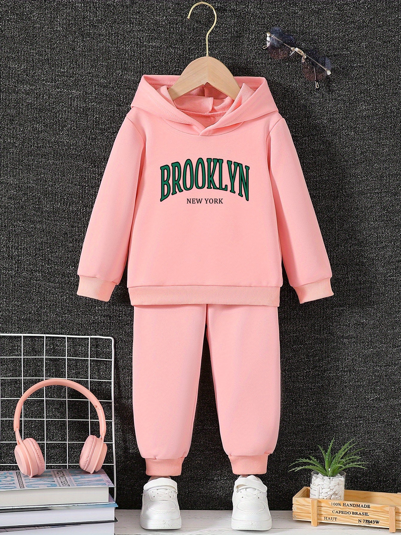 Girls' Brooklyn New York Hoodie Set, 2024 Trendy Letter Print, Casual Sports Fashion, Comfortable Stretch Polyester, Regular Fit, Autumn/Winter Collection, for Outdoor