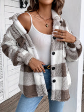 Plaid Fuzzy Fall & Winter Coat, Casual Button Front Long Sleeve Warm Outerwear, Women&