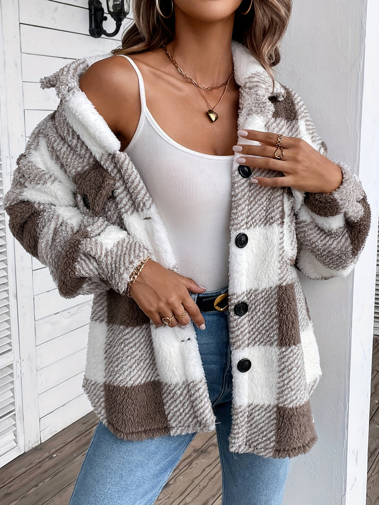 Plaid Fuzzy Fall & Winter Coat, Casual Button Front Long Sleeve Warm Outerwear, Women&
