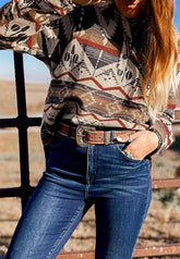 Geometric Half Button Long Sleeve Sweatshirt - MyEmpired