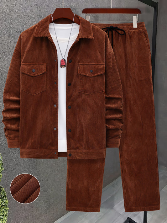 Men'S Casual 2pcs Corduroy Sweatsuit Set with Buttoned Long Sleeve Jacket and Drawstring Loose Pants, 100% Polyester Solid Color Lapel Collar Non-Stretch Woven Outfit for Fall/Winter