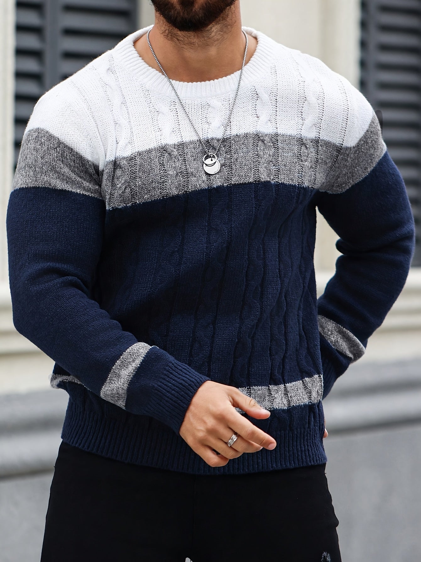 Men's Color Blocking Textured Knit Sweater For Autumn And Winter, Casual Business Trendy Pullover As Gift, Outdoor Cloth