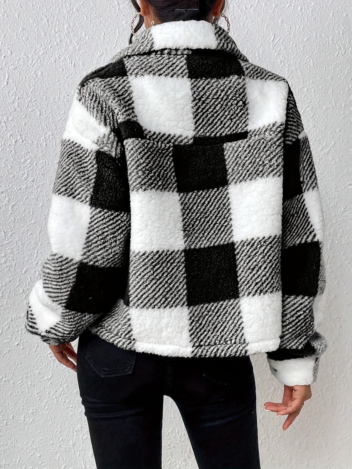 Plaid Pattern Button Front Fuzzy Coat, Casual Long Sleeve Warm Outerwear For Fall & Winter, Women&