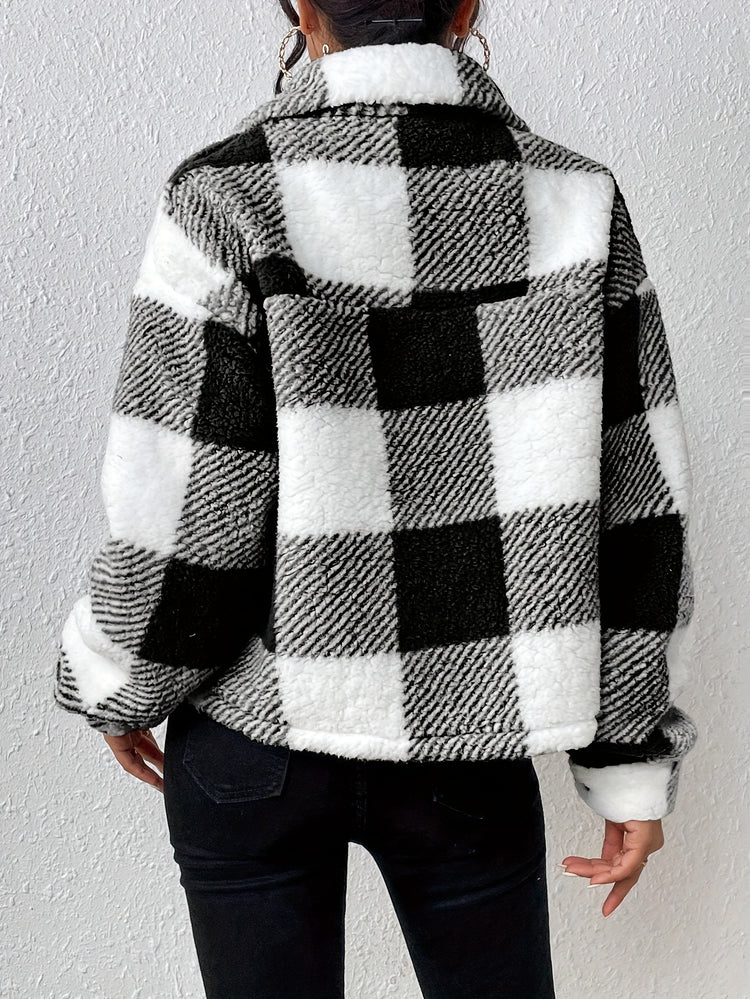 Plaid Pattern Button Front Fuzzy Coat, Casual Long Sleeve Warm Outerwear For Fall & Winter, Women&