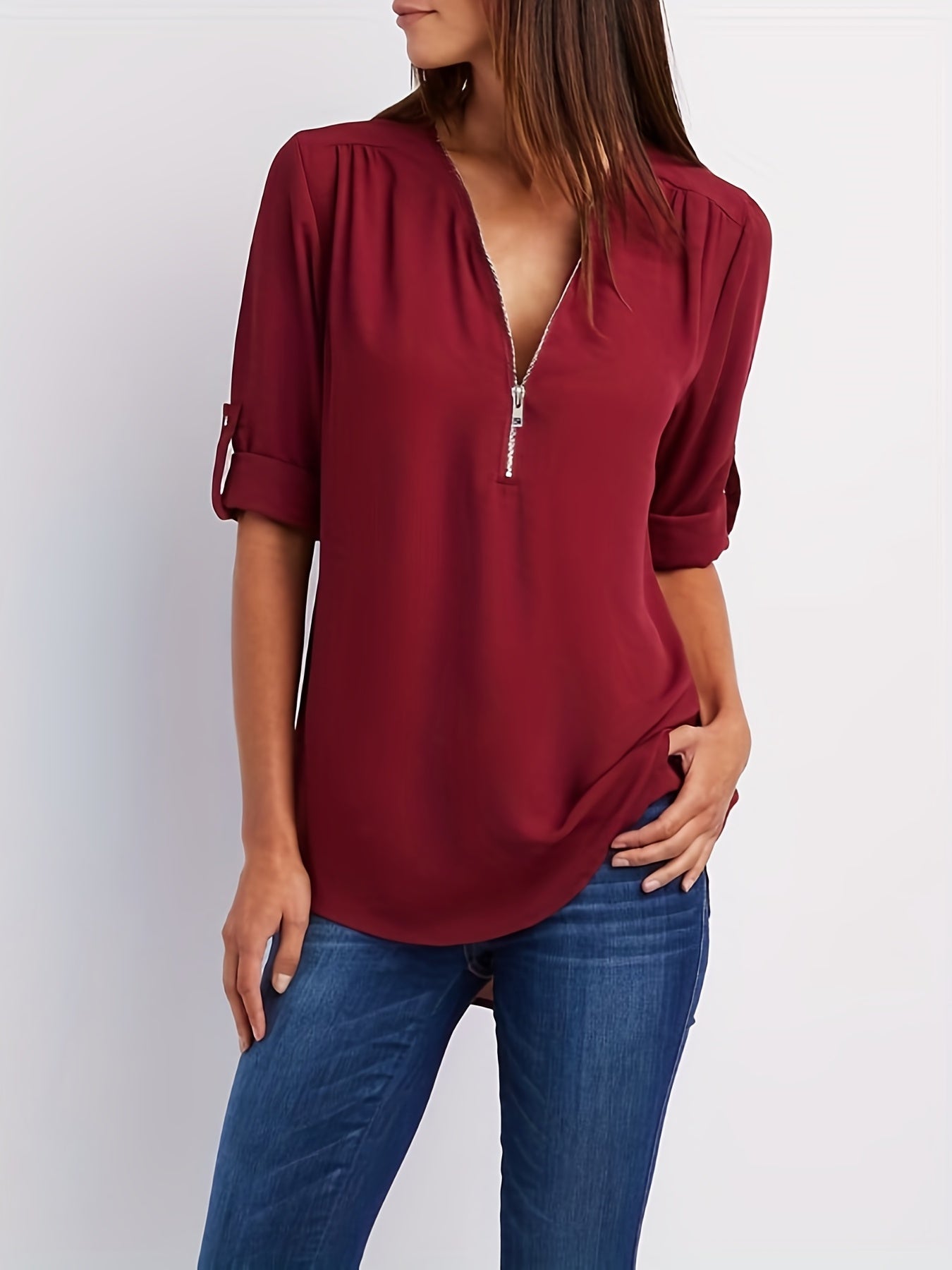 Solid V Neck Blouse - MyEmpired