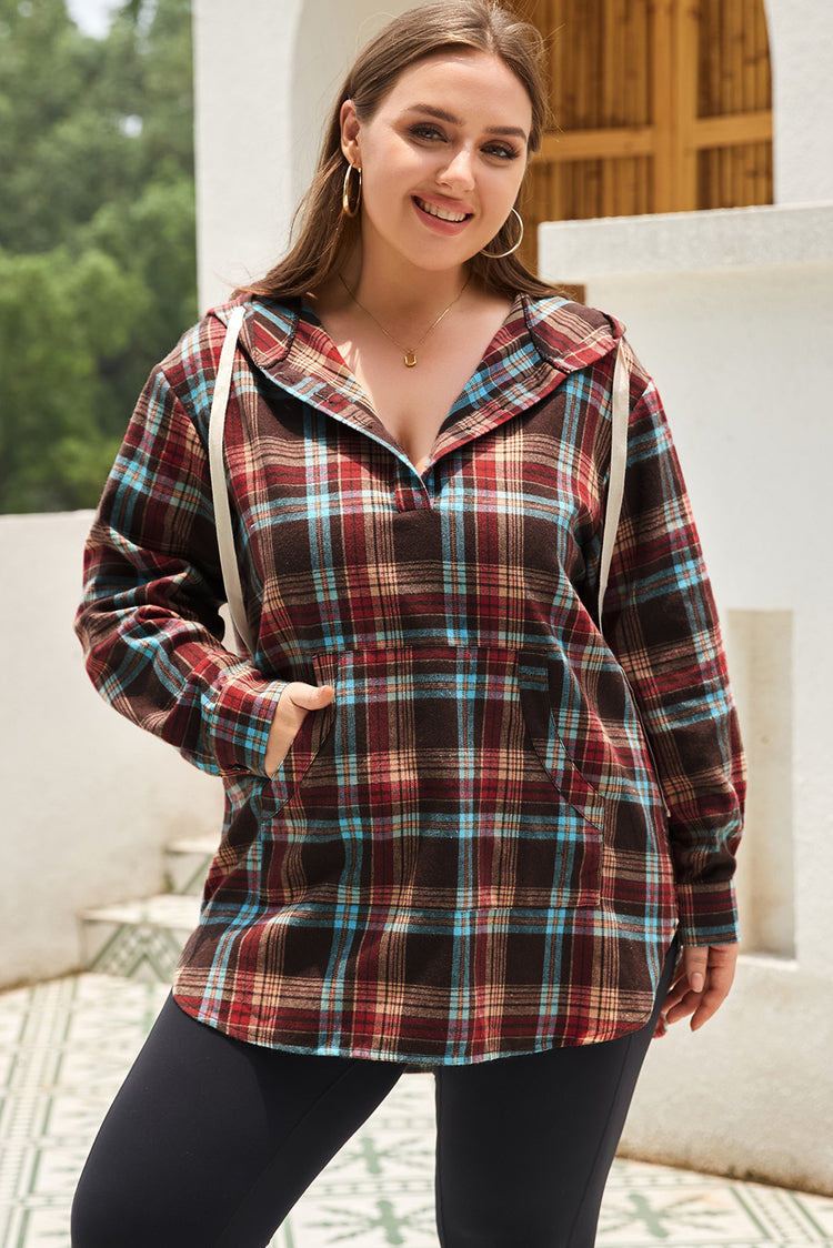 Plus Size Drawstring Plaid Quarter Button Hoodie - MyEmpired