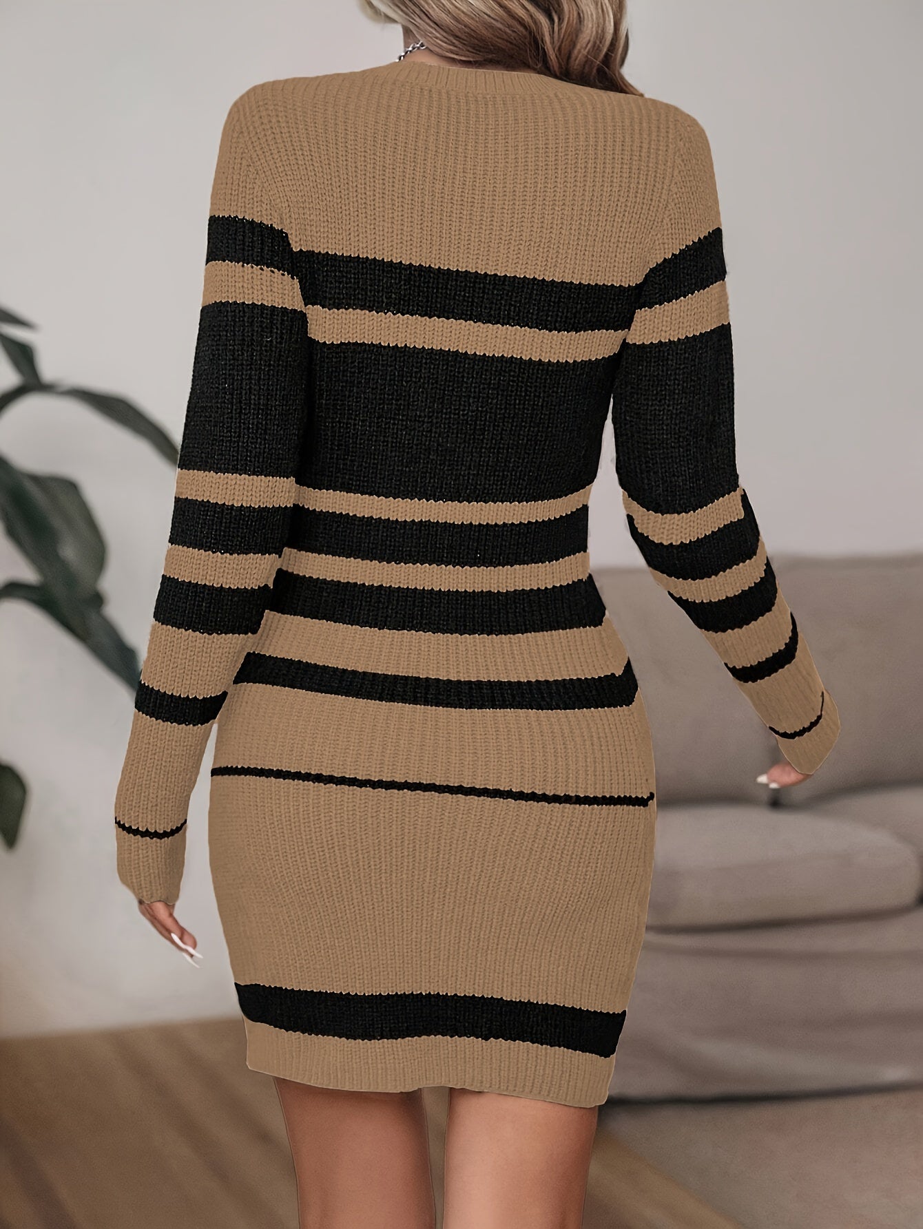 Women's Casual Striped Knit Sweater Dress - Crew Neck Long Sleeve Acrylic Ribbed H-Line Mini Dress