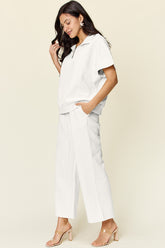 Double Take Full Size Texture Half Zip Short Sleeve Top and Pants Set - MyEmpired