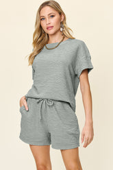 Double Take Full Size Texture Short Sleeve T-Shirt and Drawstring Shorts Set - MyEmpired