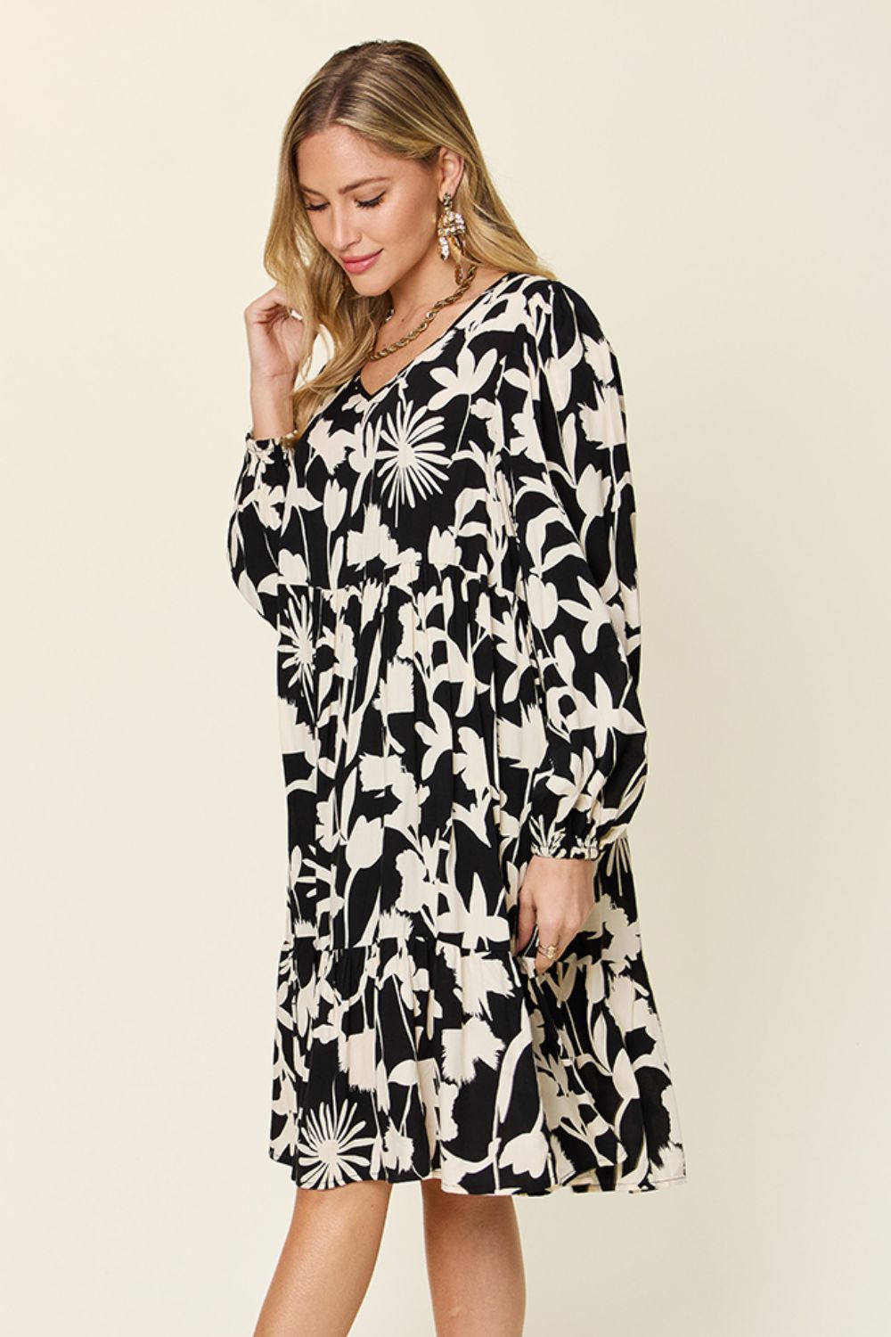 Double Take Full Size Printed Ruffle Hem Dress with Pocket - MyEmpired