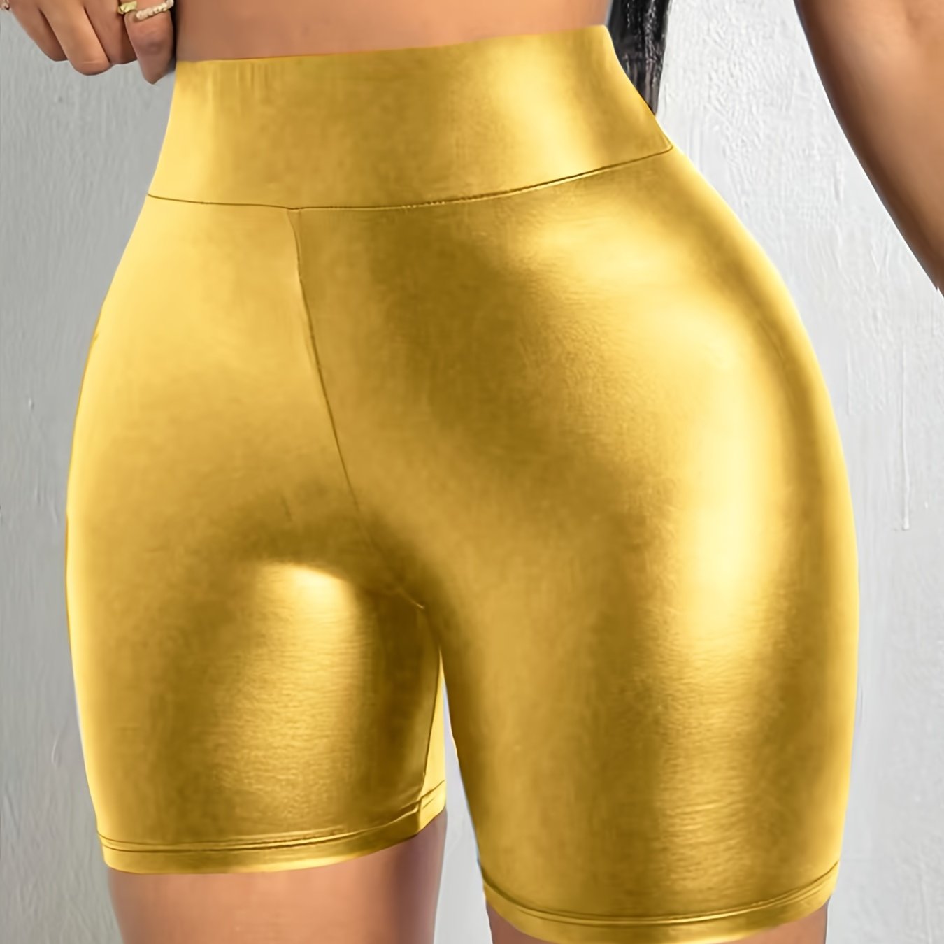 Faux Leather Solid Color Skinny Shorts, Elegant High Waist Shorts For Spring & Summer, Women&