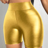 Faux Leather Solid Color Skinny Shorts, Elegant High Waist Shorts For Spring & Summer, Women&