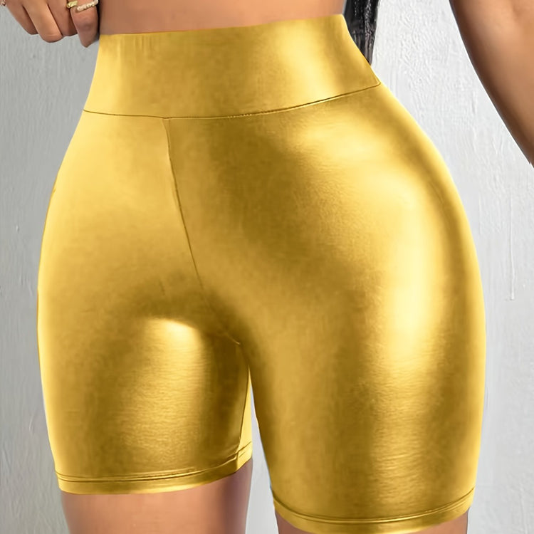 Faux Leather Solid Color Skinny Shorts, Elegant High Waist Shorts For Spring & Summer, Women&