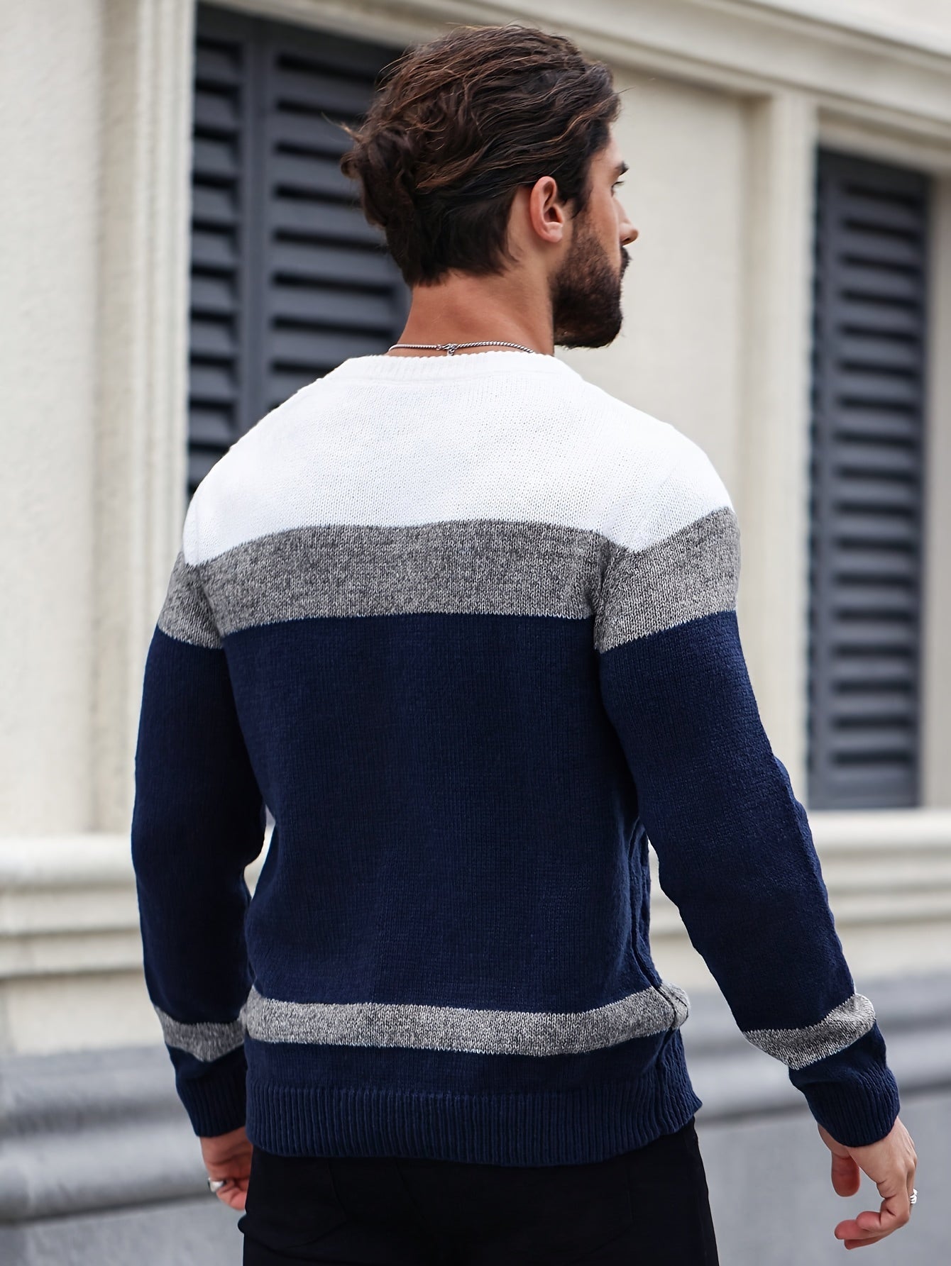 Men's Color Blocking Textured Knit Sweater For Autumn And Winter, Casual Business Trendy Pullover As Gift, Outdoor Cloth