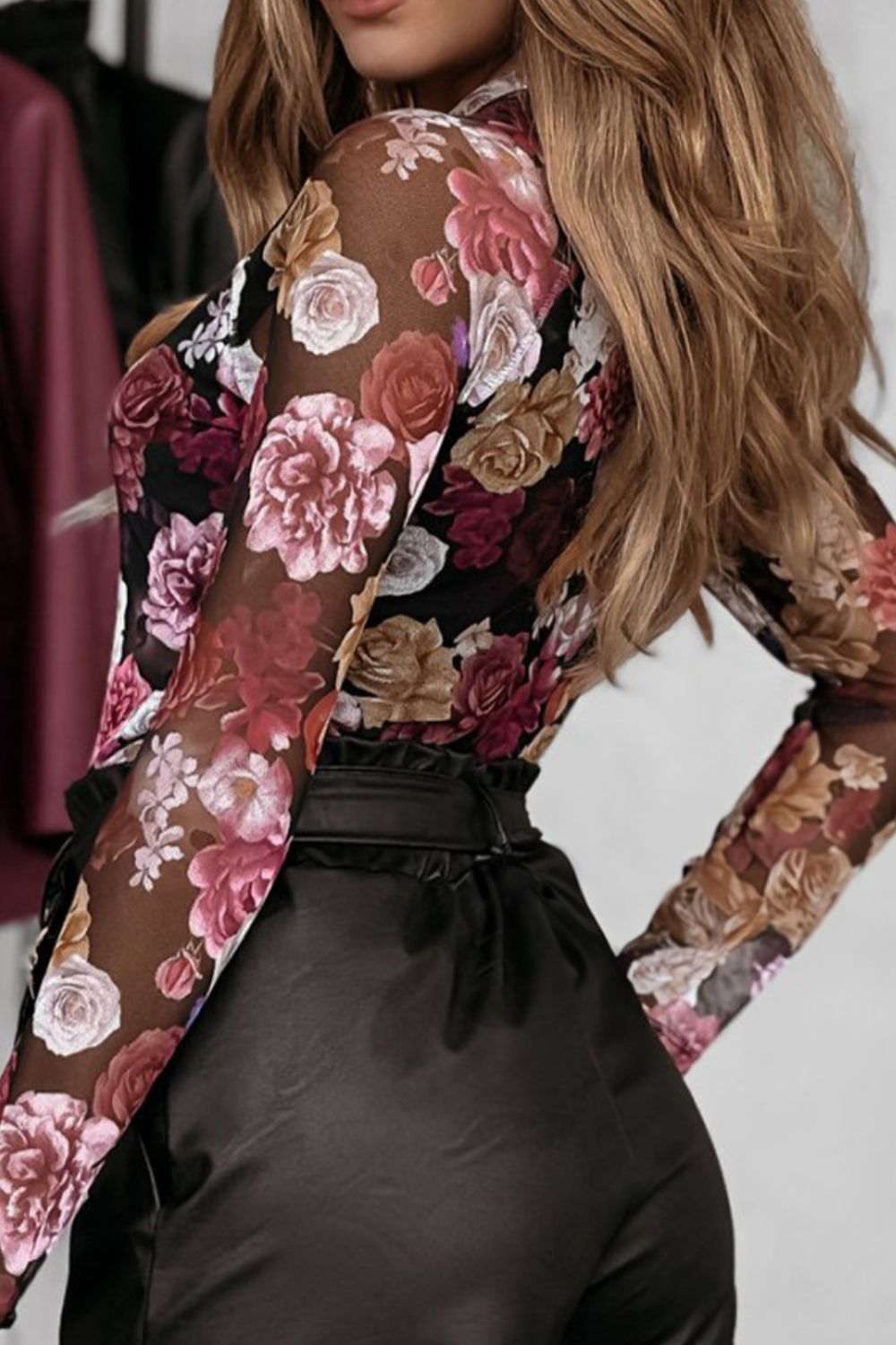 Floral Mock Neck Long Sleeve Mesh Top - MyEmpired