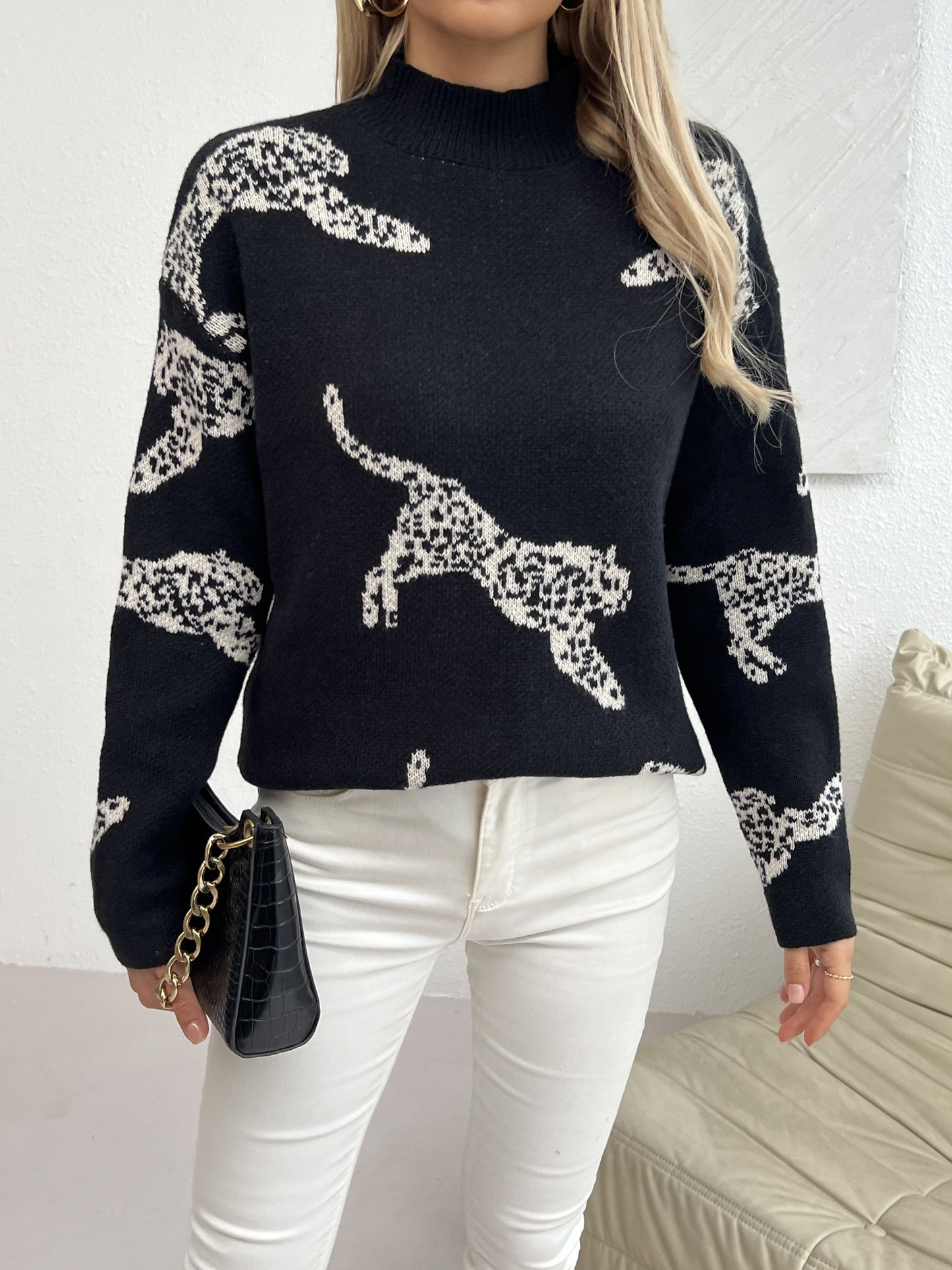 Leopard Pattern Mock Neck Sweater, Elegant Long Sleeve Sweater For Fall & Winter, Women's Clothing